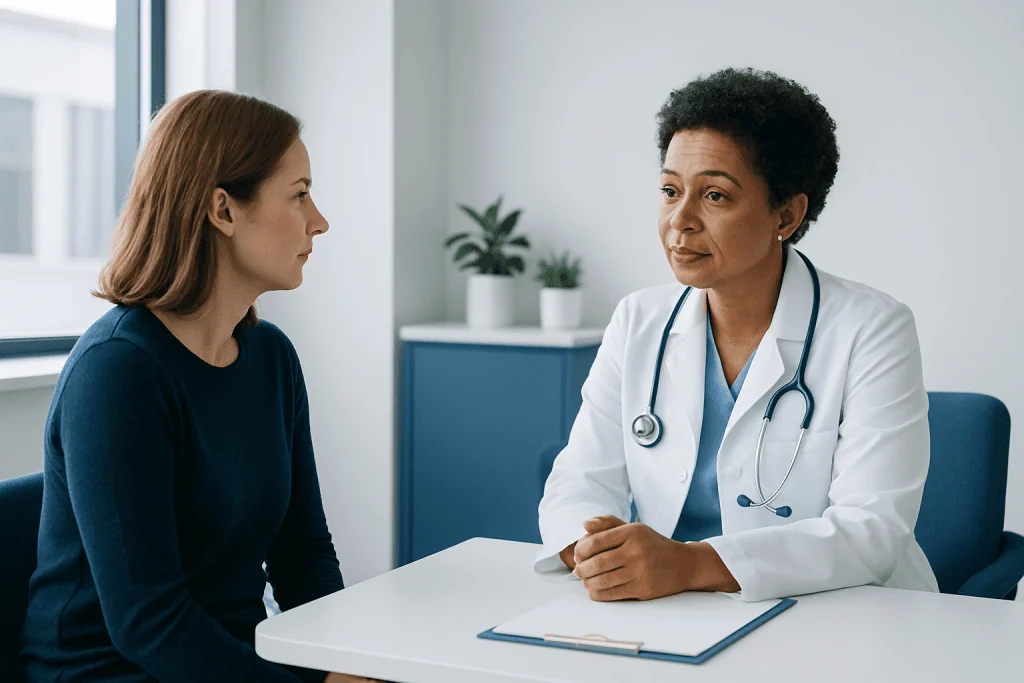 Doctor consulting with a patient in a modern medical office.