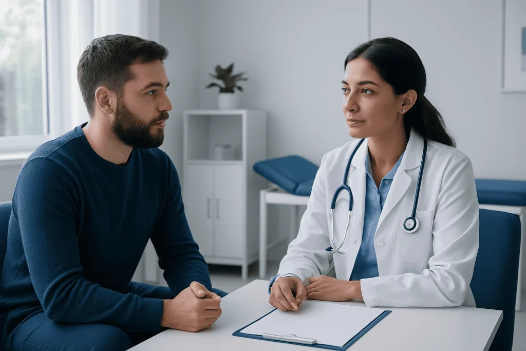 Doctor consulting with male patient in a modern clinic setting.