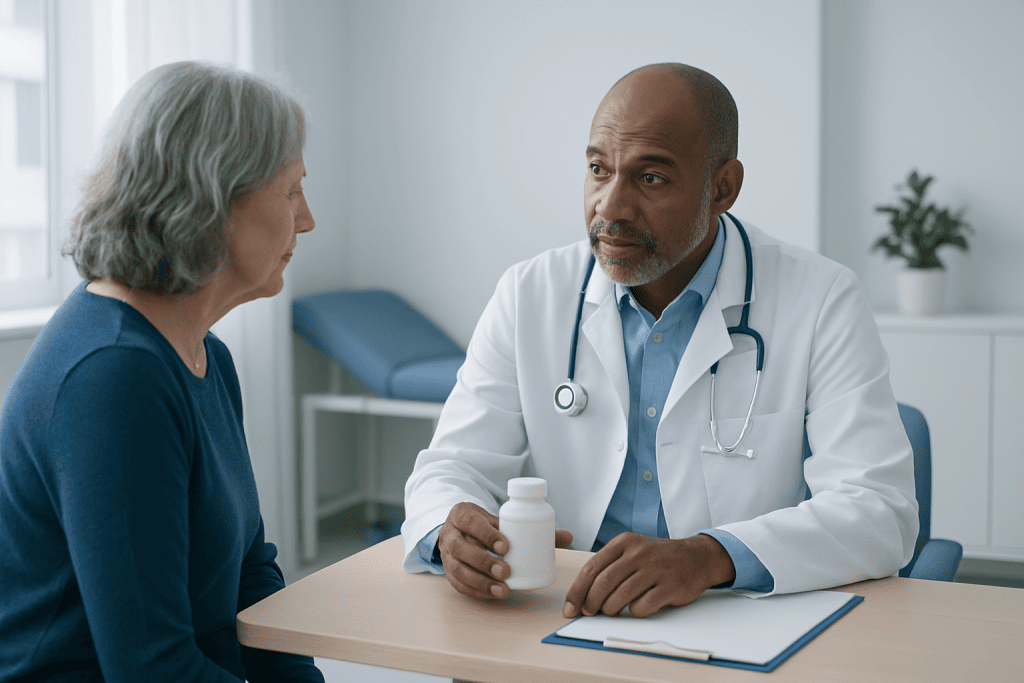 Doctor consulting with elderly patient about medication in clinic.