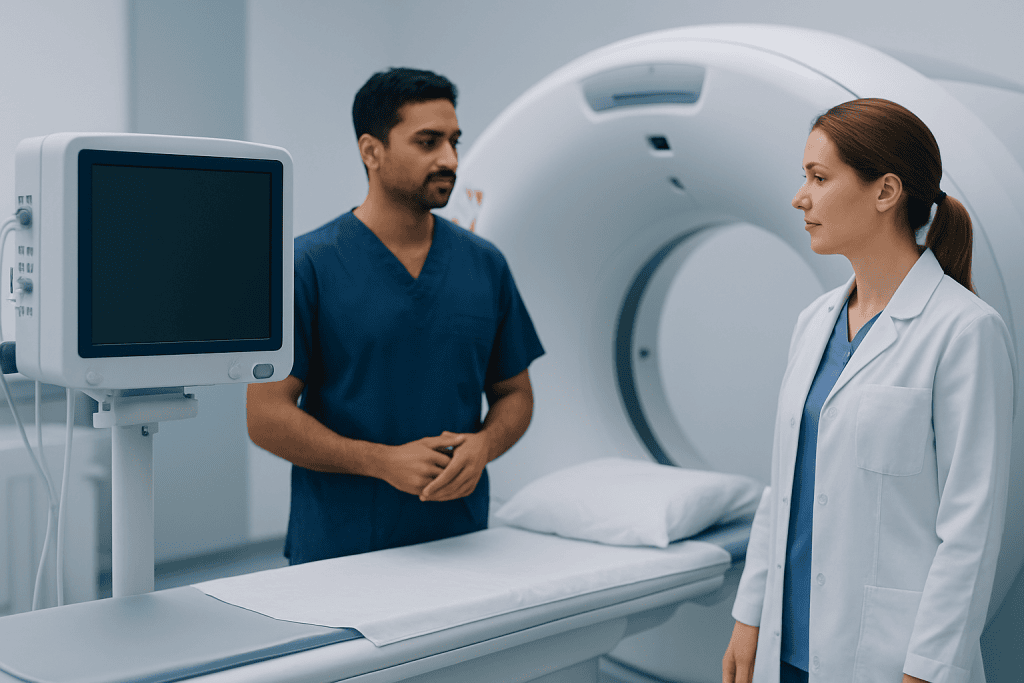 Medical professionals preparing for an MRI scan at Acibadem Hospital.