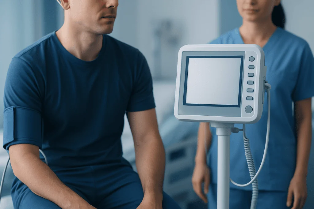 Patient in hospital bed with medical monitor and healthcare staff nearby.