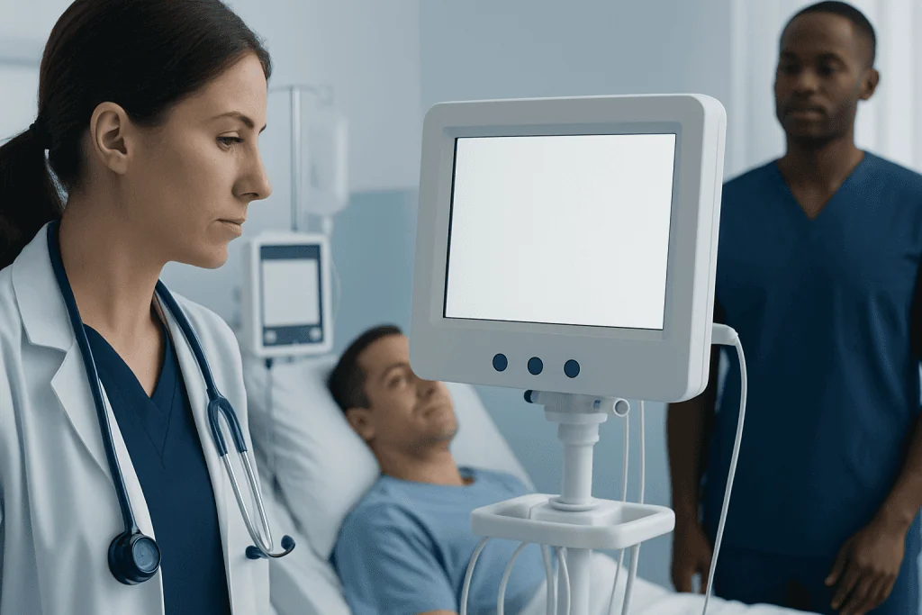 Medical team monitoring patient with advanced hospital equipment.