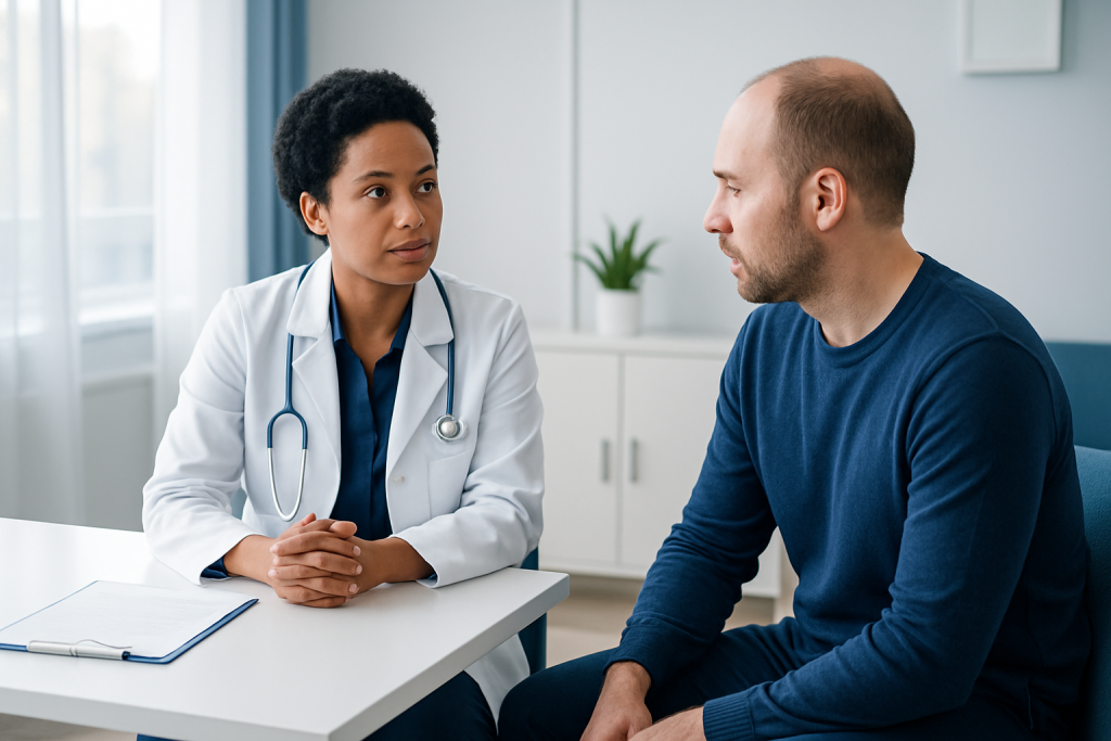 Doctor consulting with male patient in a medical office setting.