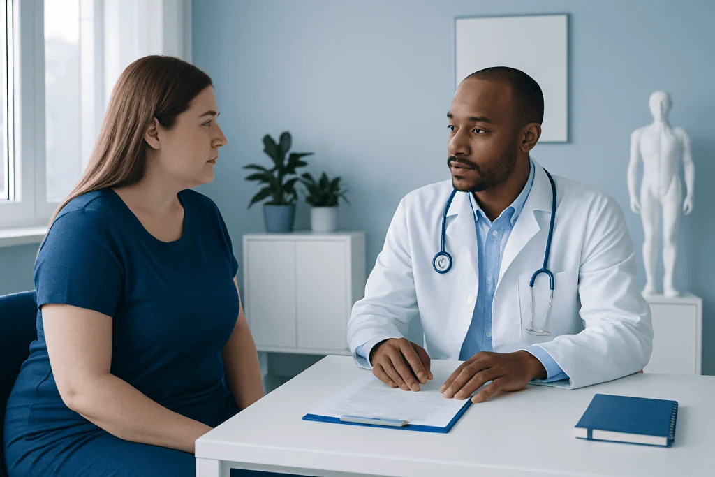 Doctor consulting with a female patient in a modern clinic setting.