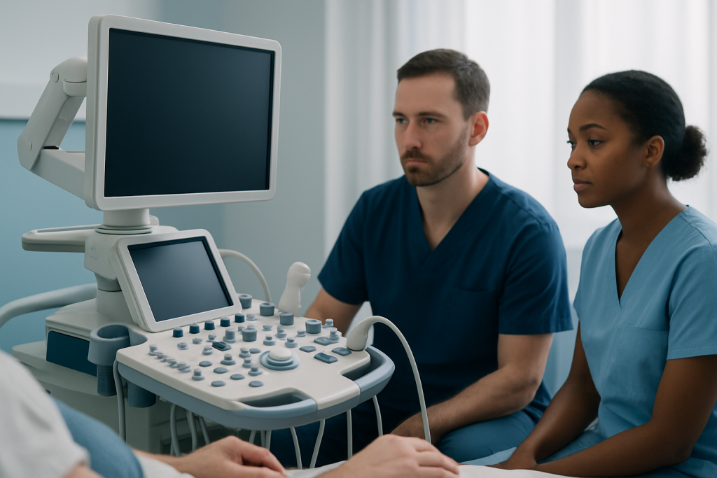Medical professionals using ultrasound equipment in a hospital setting.
