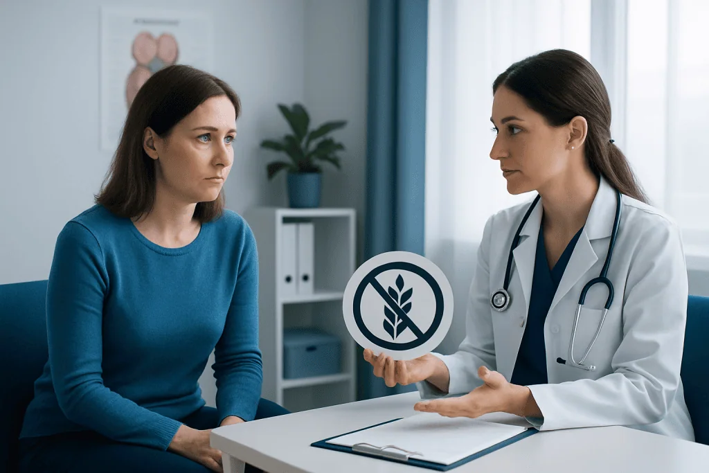Doctor explaining gluten-free diet to patient in clinic setting.