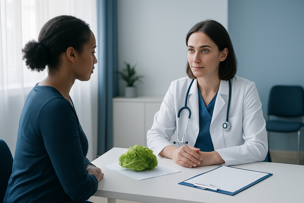 Doctor consulting with patient in a medical office with lettuce on the table.