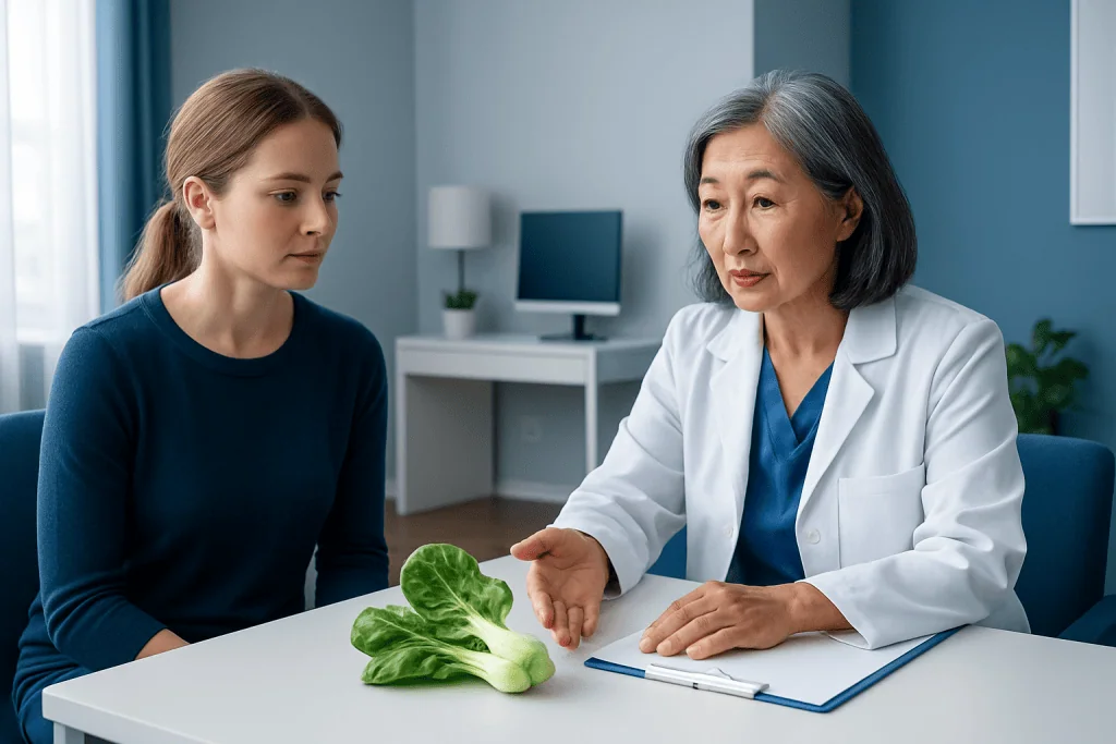 Doctor explaining health advice to a young woman in a consultation room.