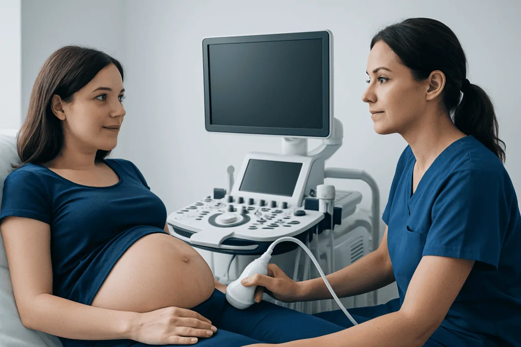 Pregnant woman undergoing ultrasound examination at a hospital.