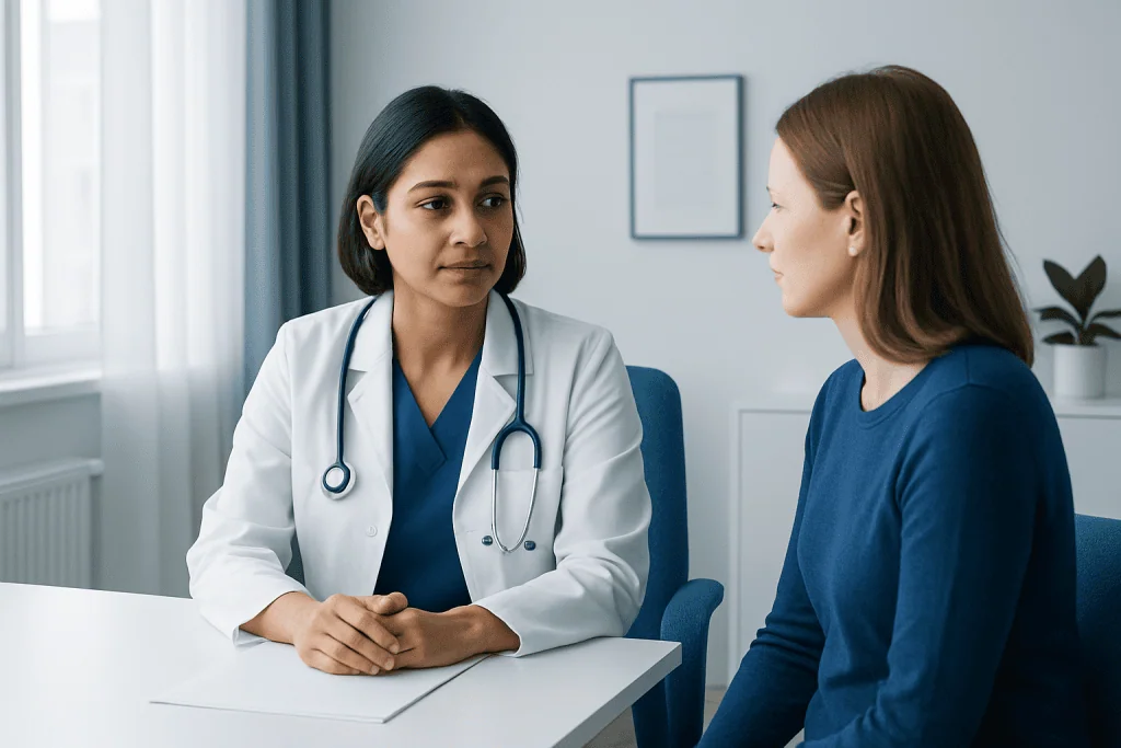 Doctor consulting with a patient in a medical office setting.