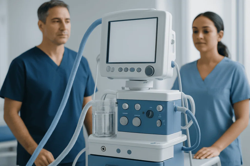 Medical professionals with ventilator in hospital setting.