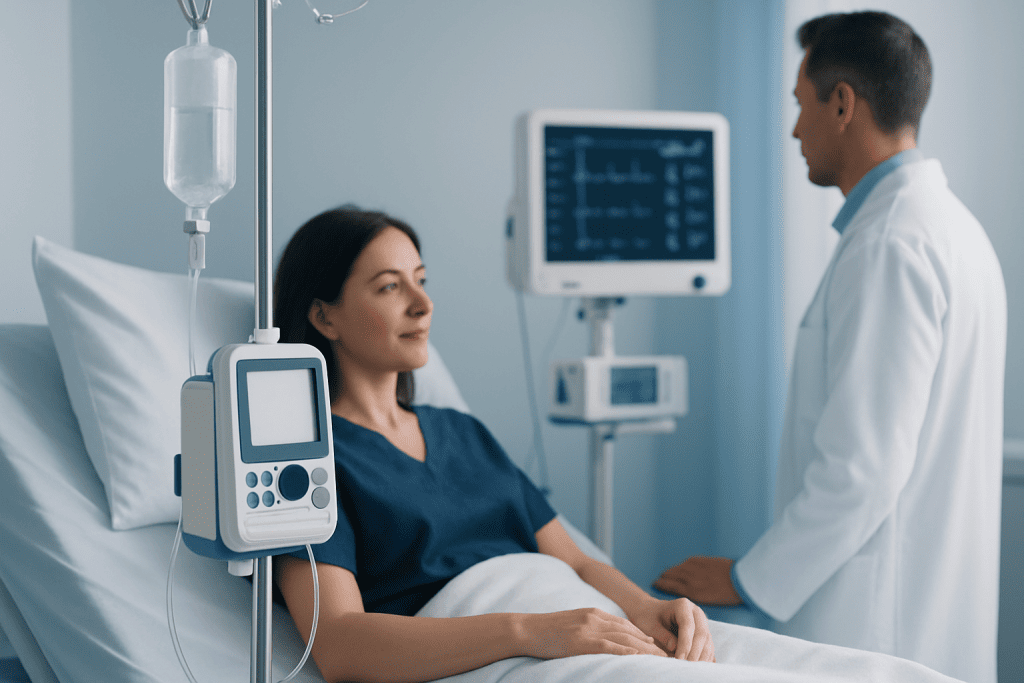 Patient in hospital bed with IV drip and doctor in hospital room.