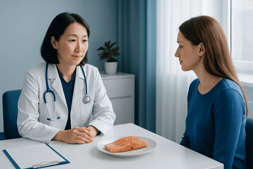 Doctor consulting patient about salmon, rich in vitamin D benefits.