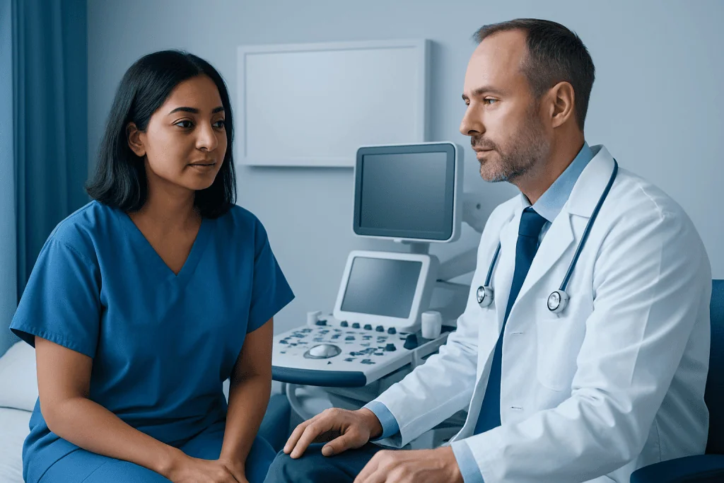 Doctor consulting with a female patient in a medical office.