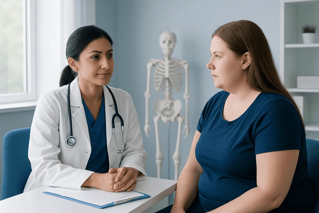 Doctor consulting a patient in a medical office with a skeleton model in the background.