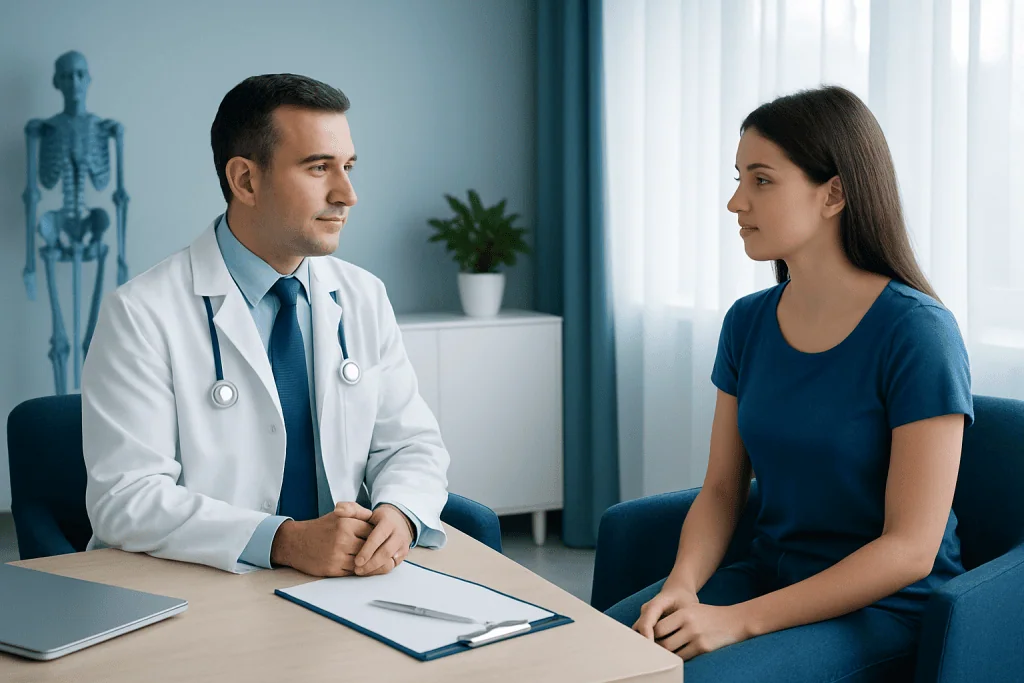 Doctor consulting with a young female patient in a medical office.