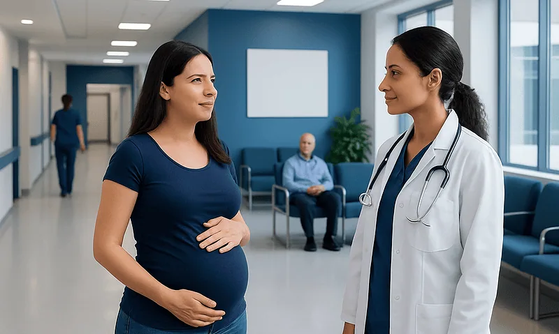 Pregnant woman consulting with a doctor in a hospital corridor.
