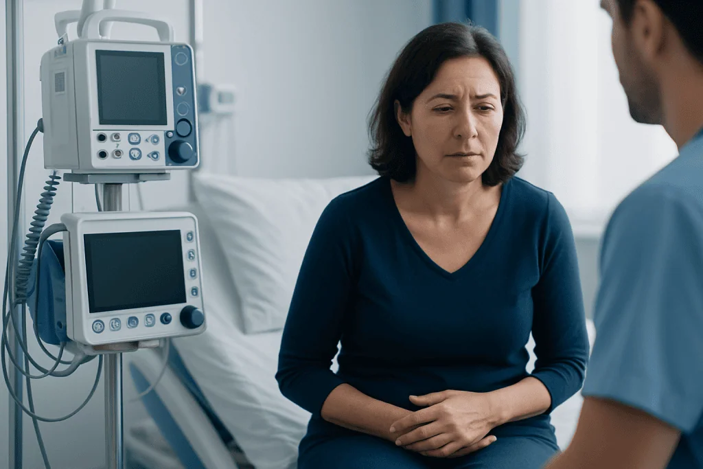 Woman in hospital consultation with doctor about gastrointestinal issues.