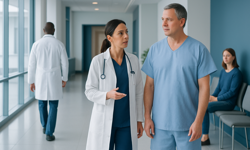 Medical professionals discussing patient care in hospital corridor.