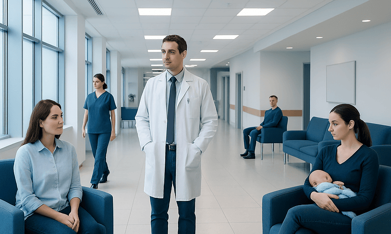 Ferber Method — Explained by Medical Evidence, Not Myths 6 Hospital corridor with doctors and patients in a modern healthcare facility.