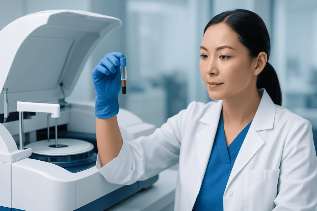 Laboratory technician analyzing blood sample for ferritin levels.