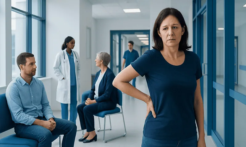 Concerned woman in hospital corridor with medical staff and patients.