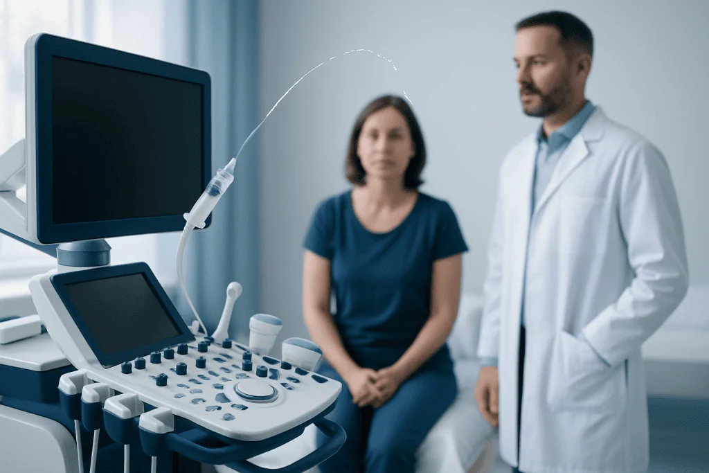 Medical examination with ultrasound device at Acibadem Hospital.