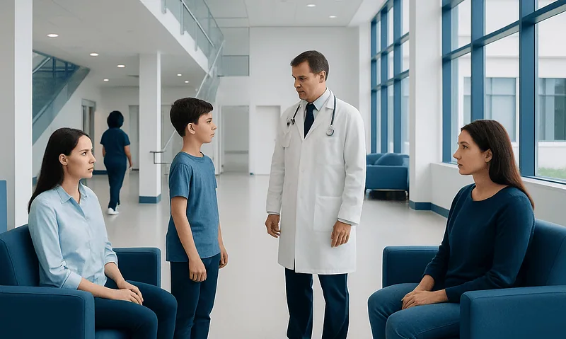 Doctor consulting with a young patient and parents in a hospital waiting area.