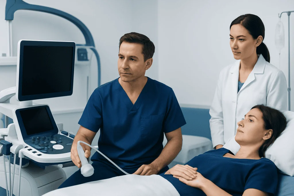 Doctor performing an ultrasound on a patient in a hospital room.