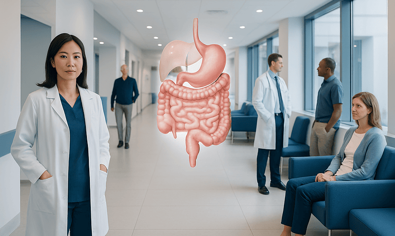 Medical professionals and patients in a hospital corridor with a digestive system illustration.