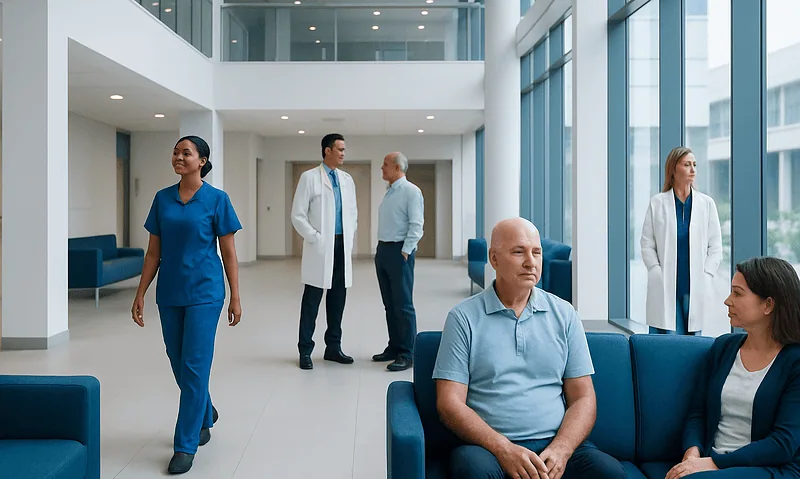 Modern hospital lobby with medical staff and patients in a bright, spacious setting.