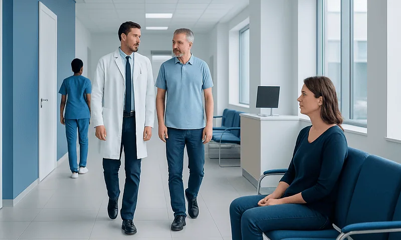 Medical consultation in a hospital corridor with doctor and patient.