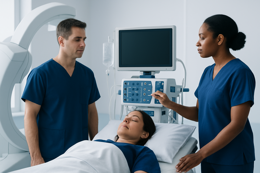 Medical team preparing for a diagnostic procedure in a hospital room.