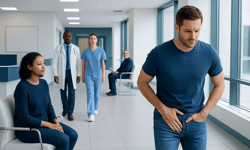 Man with groin pain in hospital corridor with medical staff and patient.