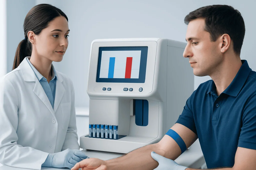 Medical professional and patient with HbA1c testing device at hospital.