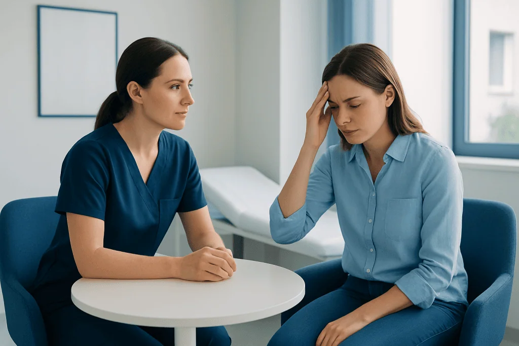 Woman experiencing headache consulting with healthcare professional in clinic.