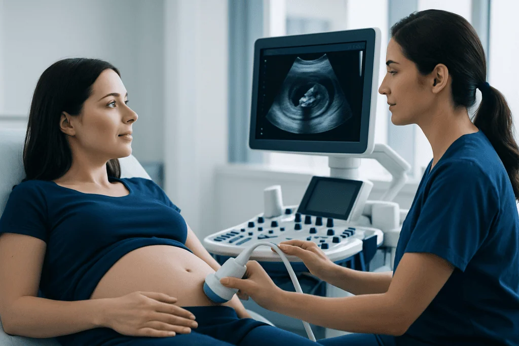 Pregnant woman having ultrasound scan at hospital.