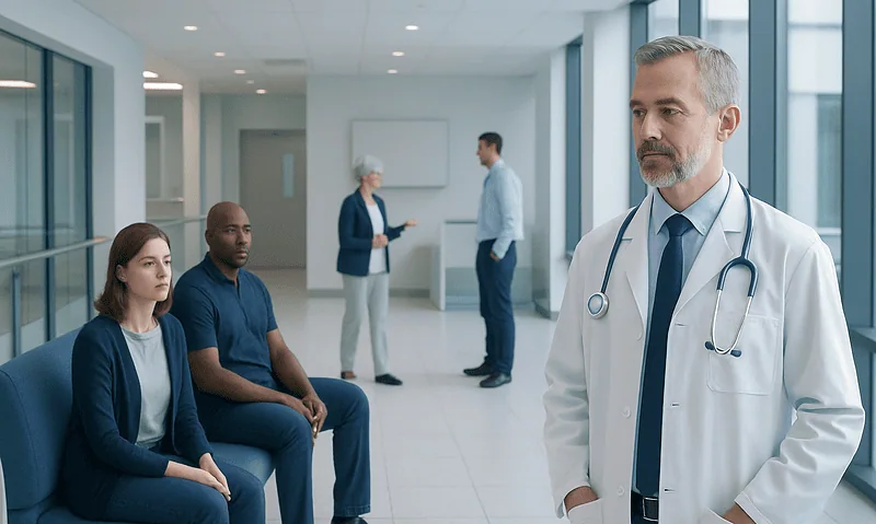Doctor with patients in hospital corridor, healthcare setting.