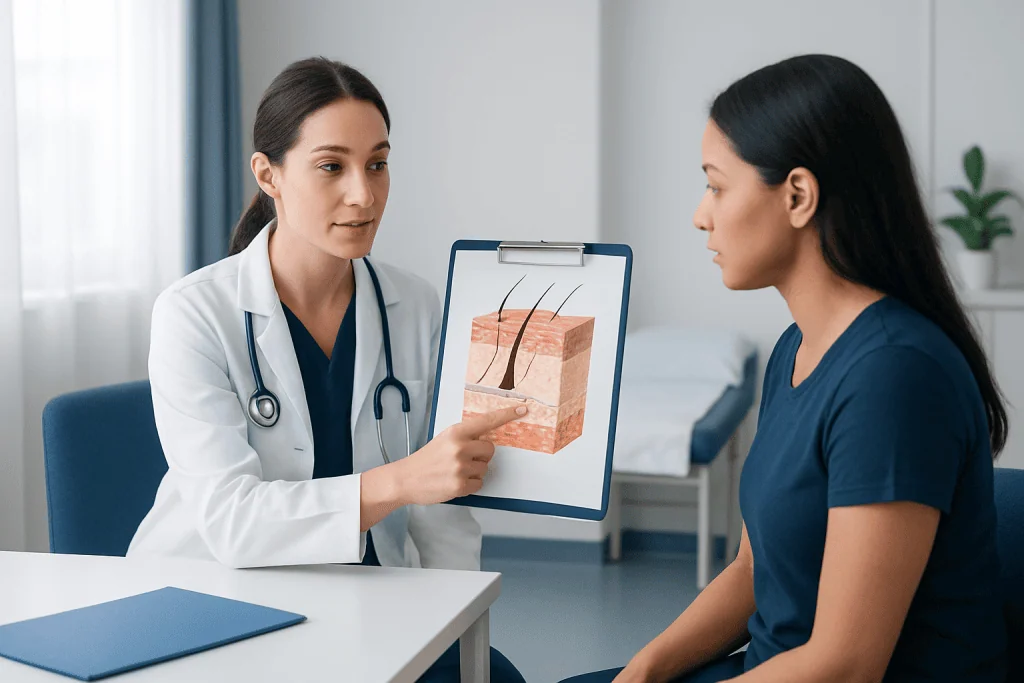 Doctor explaining skin layers to patient with skin diagram.
