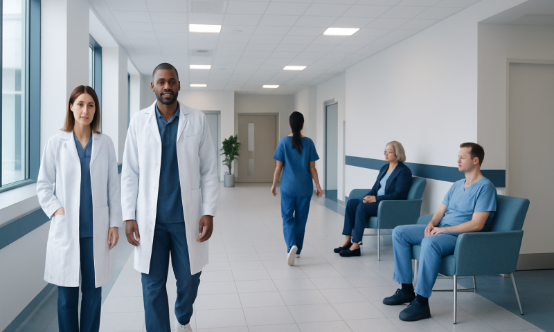 Hypodermis: An Evidence-Based Guide for Patients 8 Healthcare professionals and patients in a hospital corridor.