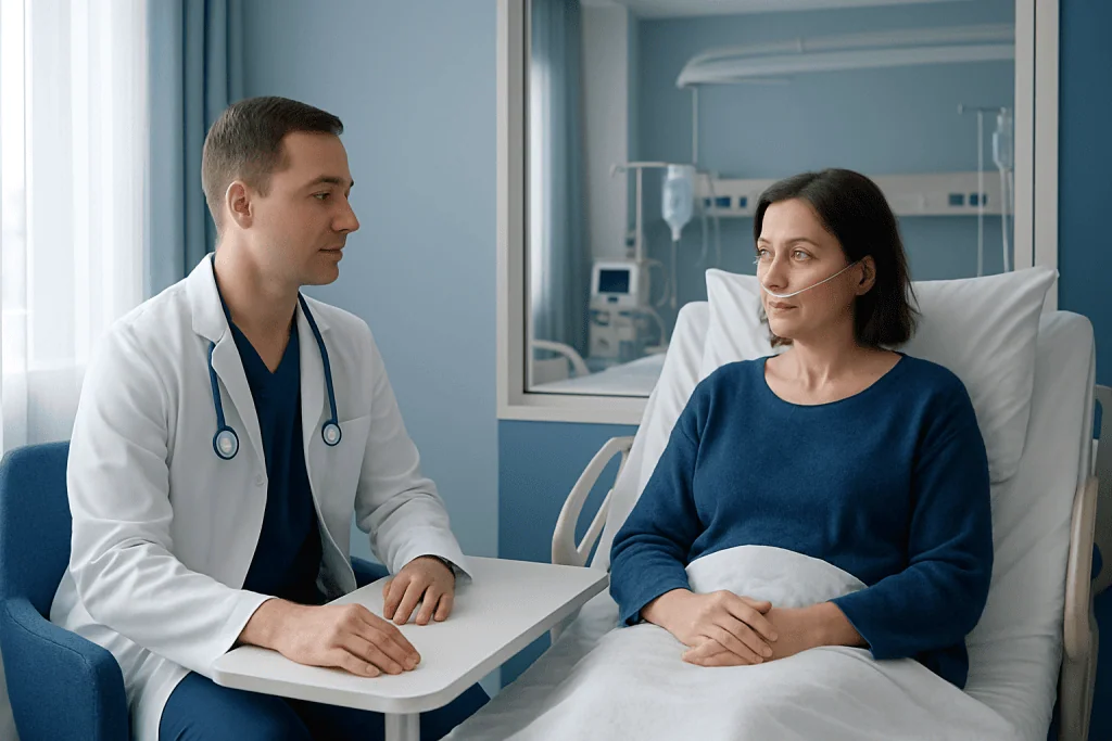 Doctor consulting with a patient in hospital room after surgery.