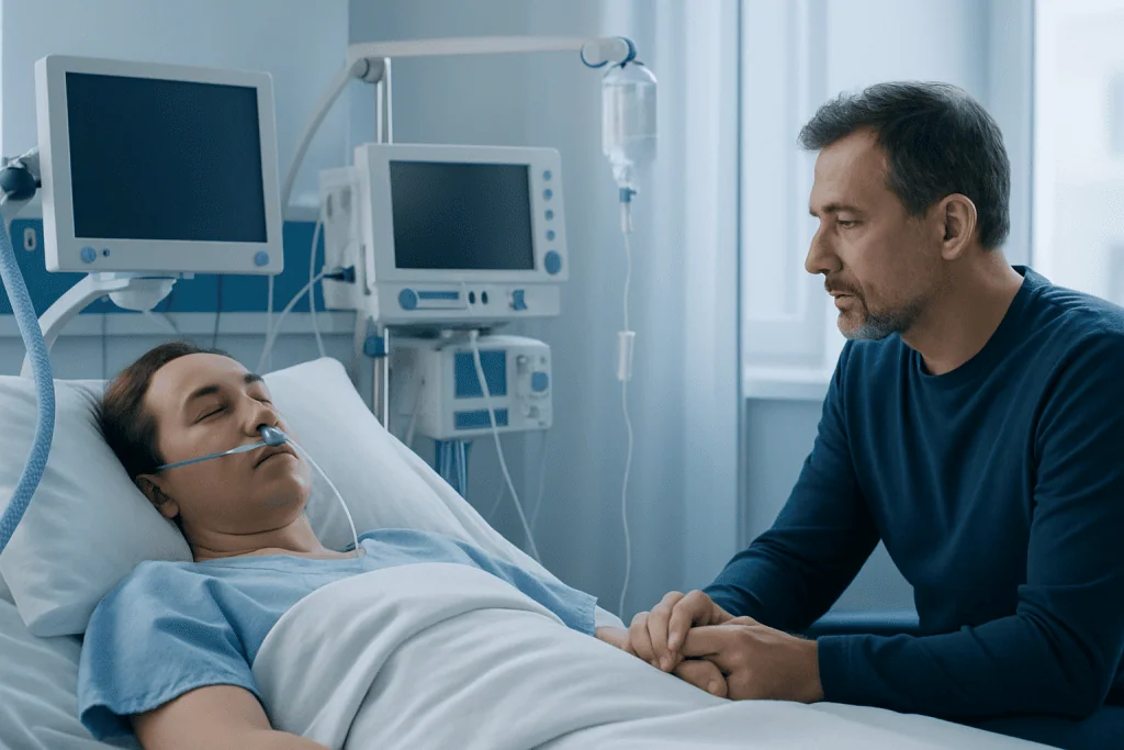 Patient in ICU with medical staff providing support after surgery.