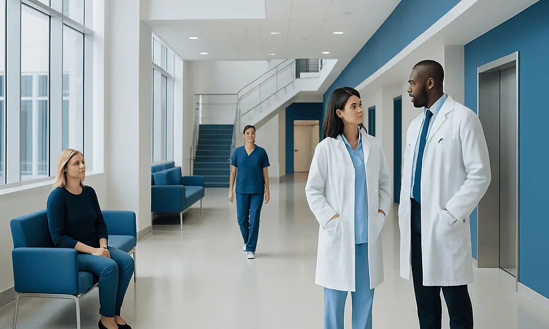 Medical team discussing patient care in hospital corridor.