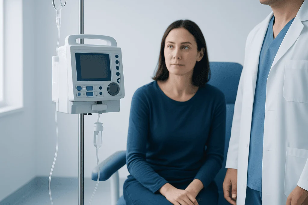Patient in hospital room with medical monitor and healthcare professional.