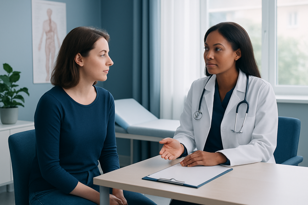 Doctor consulting with a patient in a medical office setting.