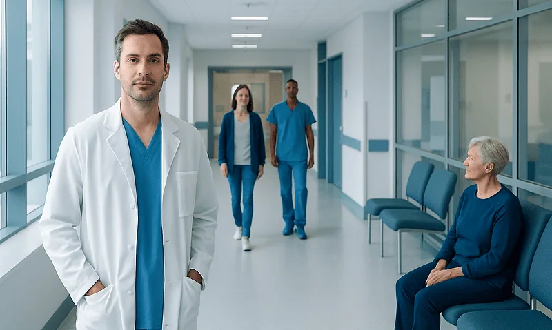 Medical team in hospital corridor with patient waiting area.