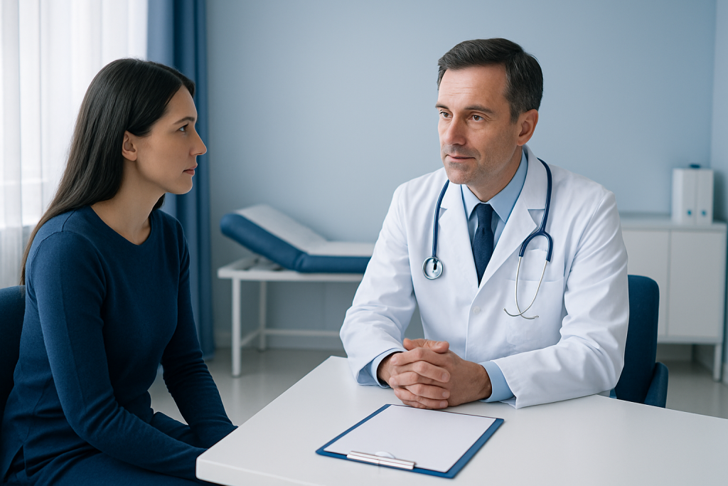 Doctor consulting with a female patient in a modern hospital room.