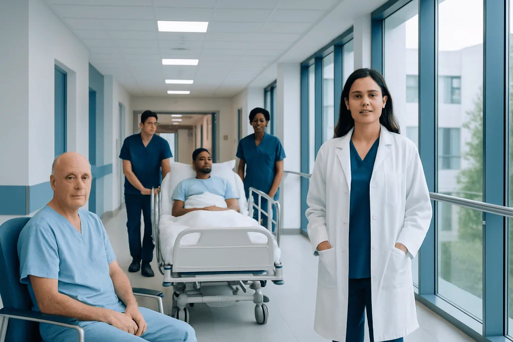 Jugular: What Patients Need to Know 1 Medical team with patient in hospital corridor at Acibadem Hospitals Group.