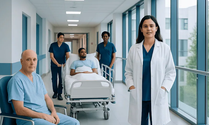 Medical team with patient in hospital corridor at Acibadem Hospitals Group.