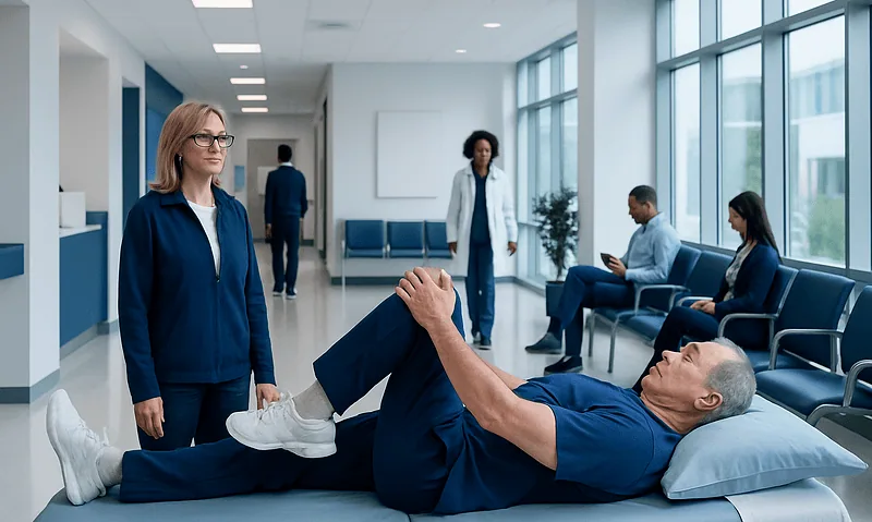 Doctor examining elderly patient in hospital corridor with medical staff nearby.